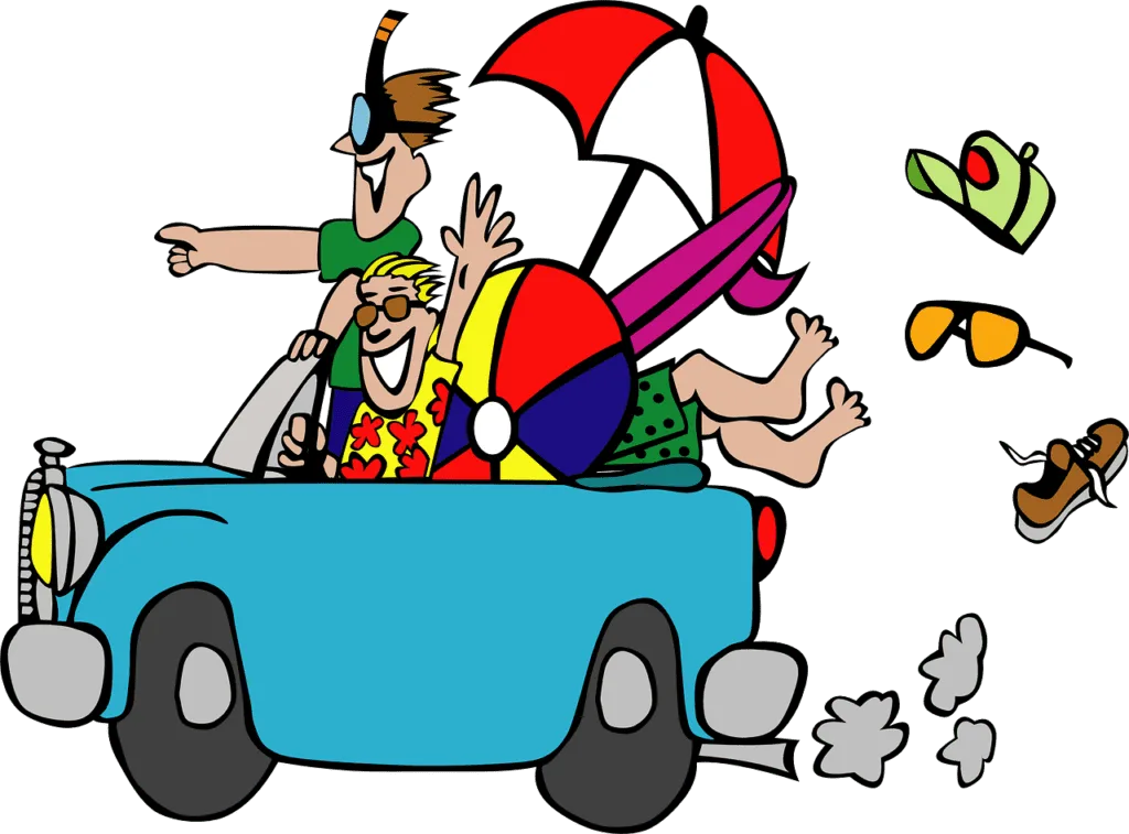 2 excited people in a car leaving on a road trip. The car is overloaded with all the things they need on their vacation