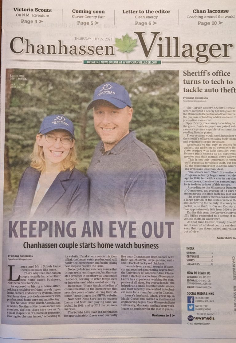 Northern Nest Services, a home watch company, makes front page of Chanhassen Villager